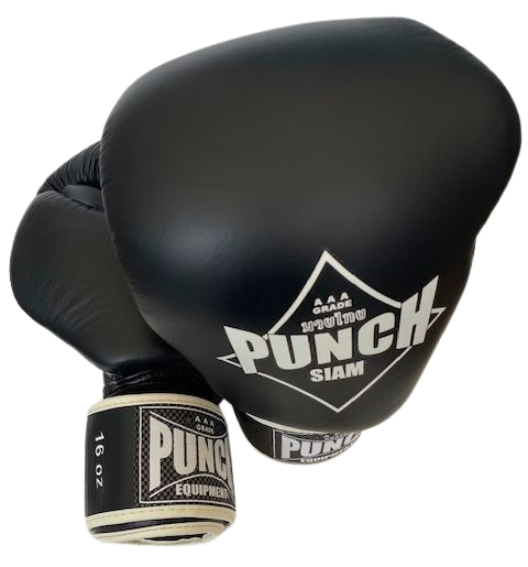 PUNCH EQUIPMENT BOXING GLOVES - Siam™ - LEATHER - BLACK - 16OZ