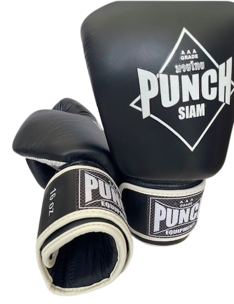 PUNCH EQUIPMENT BOXING GLOVES - Siam™ - LEATHER - BLACK - 16OZ